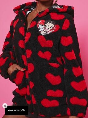 Betty Boop Black Sherpa Jacket with Red Heart Pattern